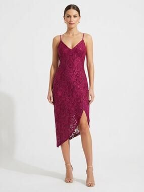 Guess Sequin Lace Midi Dress Women XS Berry Magenta Cocktail Party NWT Slit